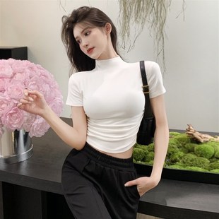 白色短款半高领螺纹短袖t恤女夏2025新款露脐高腰紧身小个子上衣