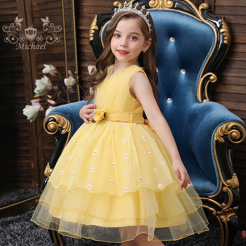 中大童小雏菊绣花蓬蓬纱公主裙儿童小主持人婚纱钢琴演出服表演裙