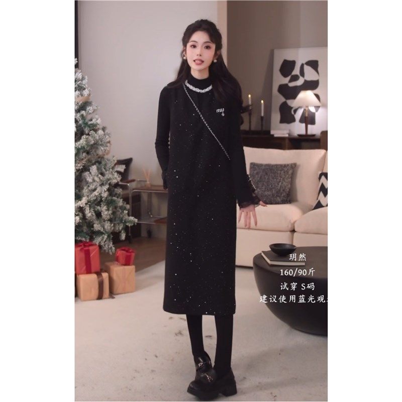 高级感显瘦细闪加绒羊毛呢背心连衣裙女2024加厚叠穿无袖中长裙子