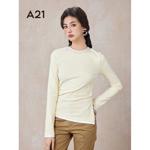 A21女装针织修身圆领长袖T恤春秋季假两件设计感不对称打底上衣女