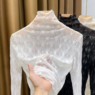 高领黑色加绒蕾丝打底衫女高级感2024秋冬新款木耳边毛衣内搭纱衣
