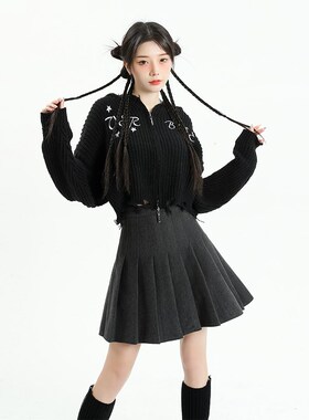 KRO灰色高腰防走光百褶半身裙女2023新款显瘦学院风西装A字短裙