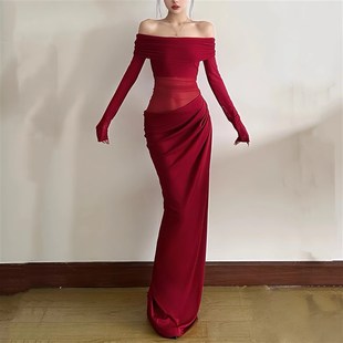 圣诞节裙子敬酒服宴会一字肩红色连衣裙女高级感气质长袖红色礼服