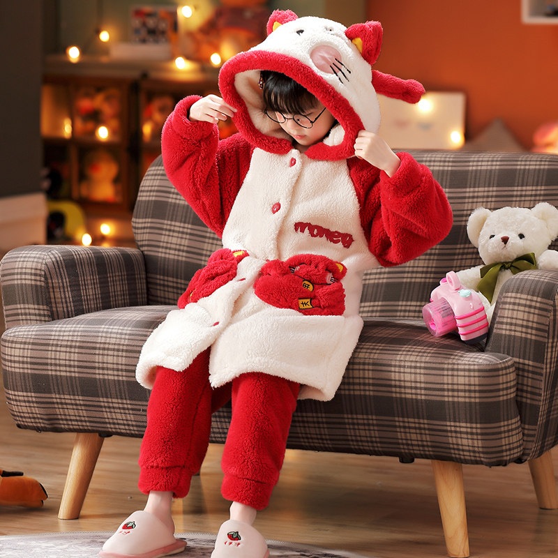 女童睡衣法兰绒冬季连帽睡袍女孩可爱学生宿舍加绒家居服套装皮卡