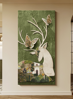 绿色麋鹿中古玄关装饰画 画入户进门壁画 画法式覆古正对门走廊过