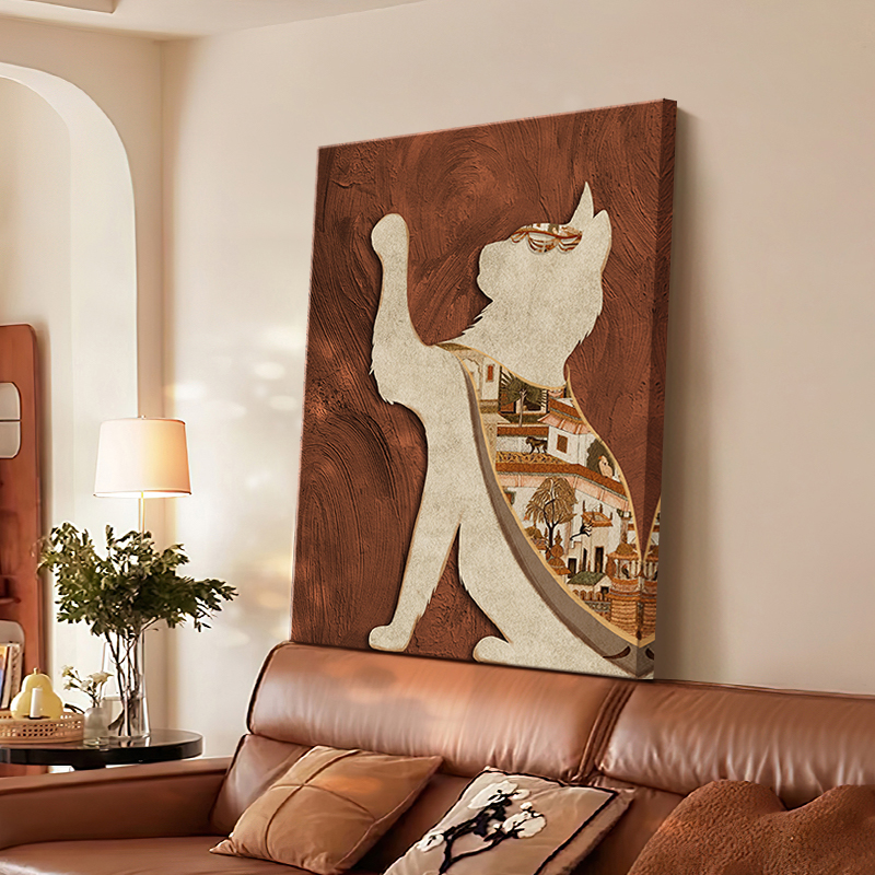 中古风沙发背景墙挂画 画法式覆古客厅装饰画 画猫咪高级感入户玄