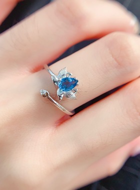 天然瑞士蓝托帕石戒指时尚设计s925纯银情侣戴女戴