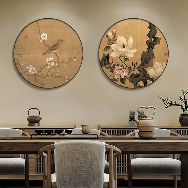 圆形宋代美学挂画新中式蝴蝶茶室装饰画太湖石玄关画客厅花鸟壁画图片