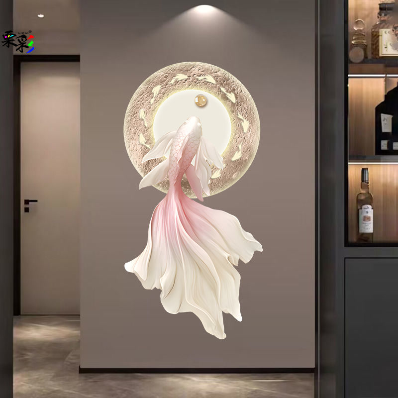立体玄关装饰画九鱼图走廊过道挂画led灯光画正对门高级感造型画图片