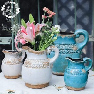 饰品花器 彩釉复古做旧橄榄叶奶壶花瓶种花花盆家居客厅插花摆件装