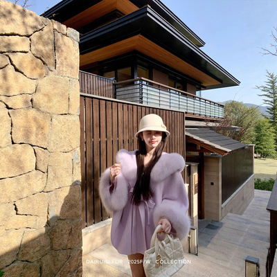 “清贵C位”狐狸毛连帽双面呢斗篷大衣2025冬慵懒羊毛呢皮草外套