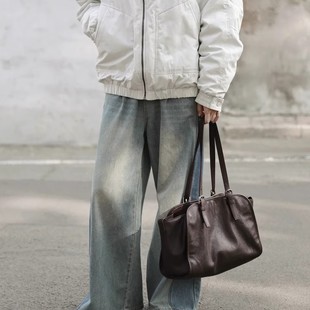 【奚梦瑶同款】裘&&真植鞣牛皮羊皮元宝保龄球包复古大容量通勤包