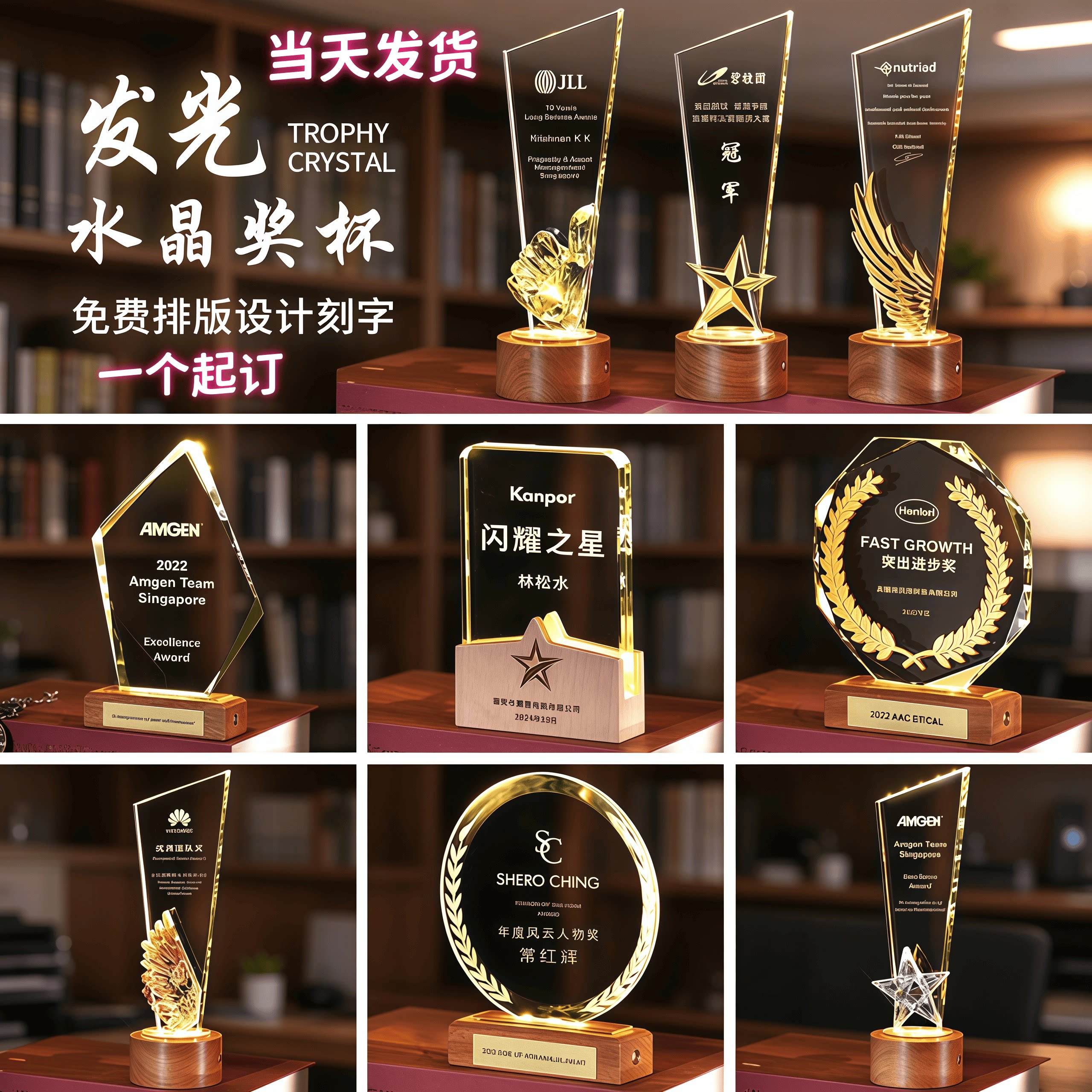 永青智慧水晶发光木质奖牌奖杯
