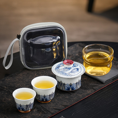 半岭窑墨彩醒狮旅行茶具快客杯户外车载泡茶悬停旋转盖碗一壶二杯