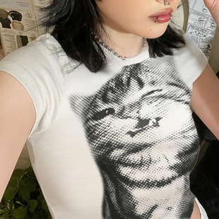 ins美式风个性猫咪图案印花基础正肩短袖T恤辣妹修身显瘦短款上衣