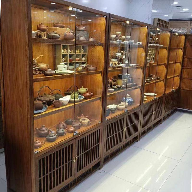 需定制老榆木实木玻璃展示柜置物架红酒储藏柜白酒展示架茶室茶叶