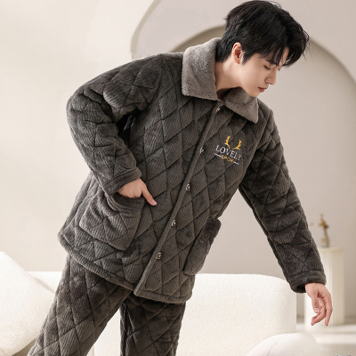 睡衣男士冬季加绒加厚冬天保暖三层夹棉珊瑚绒法兰绒家居服套装