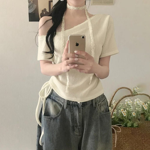 纯欲辣妹风性感斜肩腰部抽绳露脐短袖T恤+蕾丝围脖甜美少女针织衫