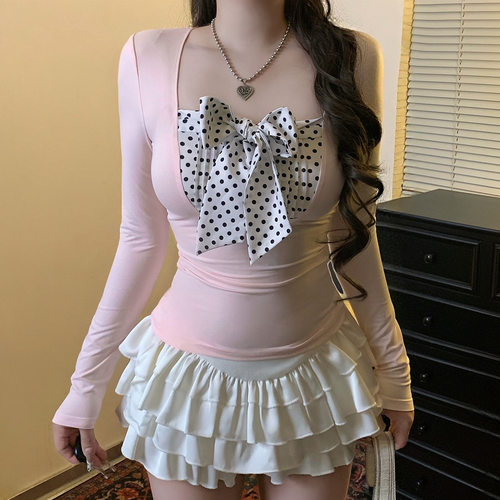 纯欲辣妹风性感波点印花蝴蝶结褶皱假两件长袖T恤小清新打底上衣