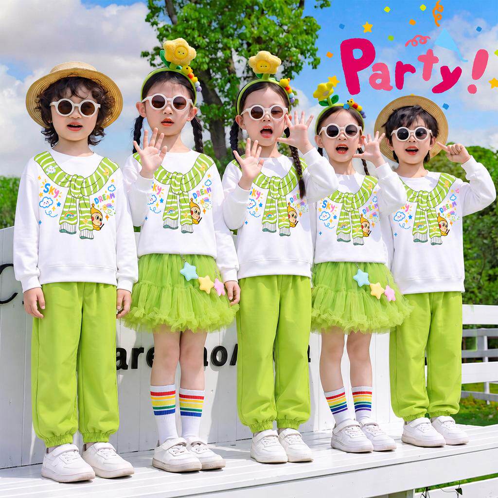 儿童演出服小学生运动会啦啦操班服合唱表演卡通卫衣绿色纱裙秋季