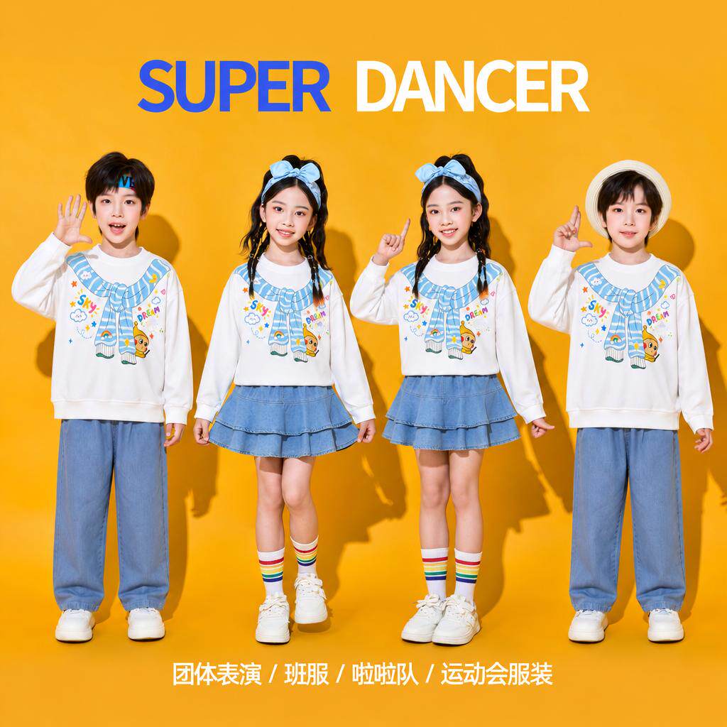 儿童啦啦队演出服秋季运动会小学生班服卡通卫衣蓝色纱裙合唱表演