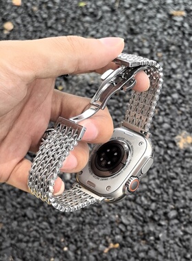 适用applewatch11苹果表带新款蝴蝶扣金属iwatch11手表s11表带Ultra3不锈钢s98iwatch10透气网格金属编织腕带