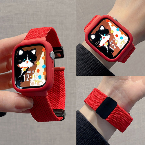 适用红米watch6表带编织磁吸折叠扣Redmi watch5表带新年保护套分体红色小米手环10pro弹力小米9Pro男女生带