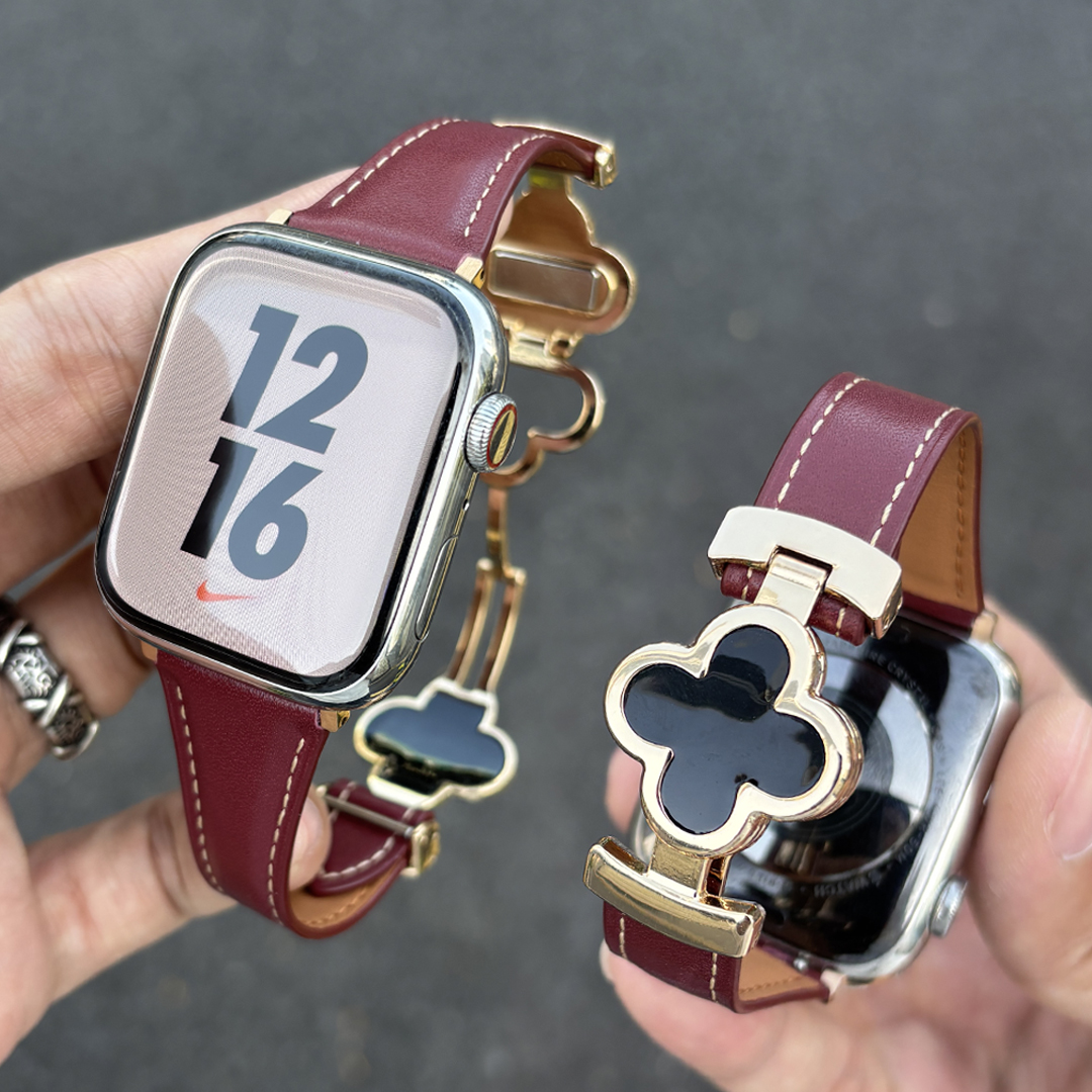 四叶草磁吸扣真皮适用苹果手表iWatch11表带Apple Watchs11手表带高级安可拉s10轻奢真皮s9腕带新款女生商务