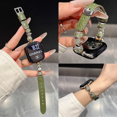 适用苹果Apple watchS11精致嵌钻手表表带iWatchs98765新中式真皮ultra复古绿串珠设计新款s10时尚se女士腕带