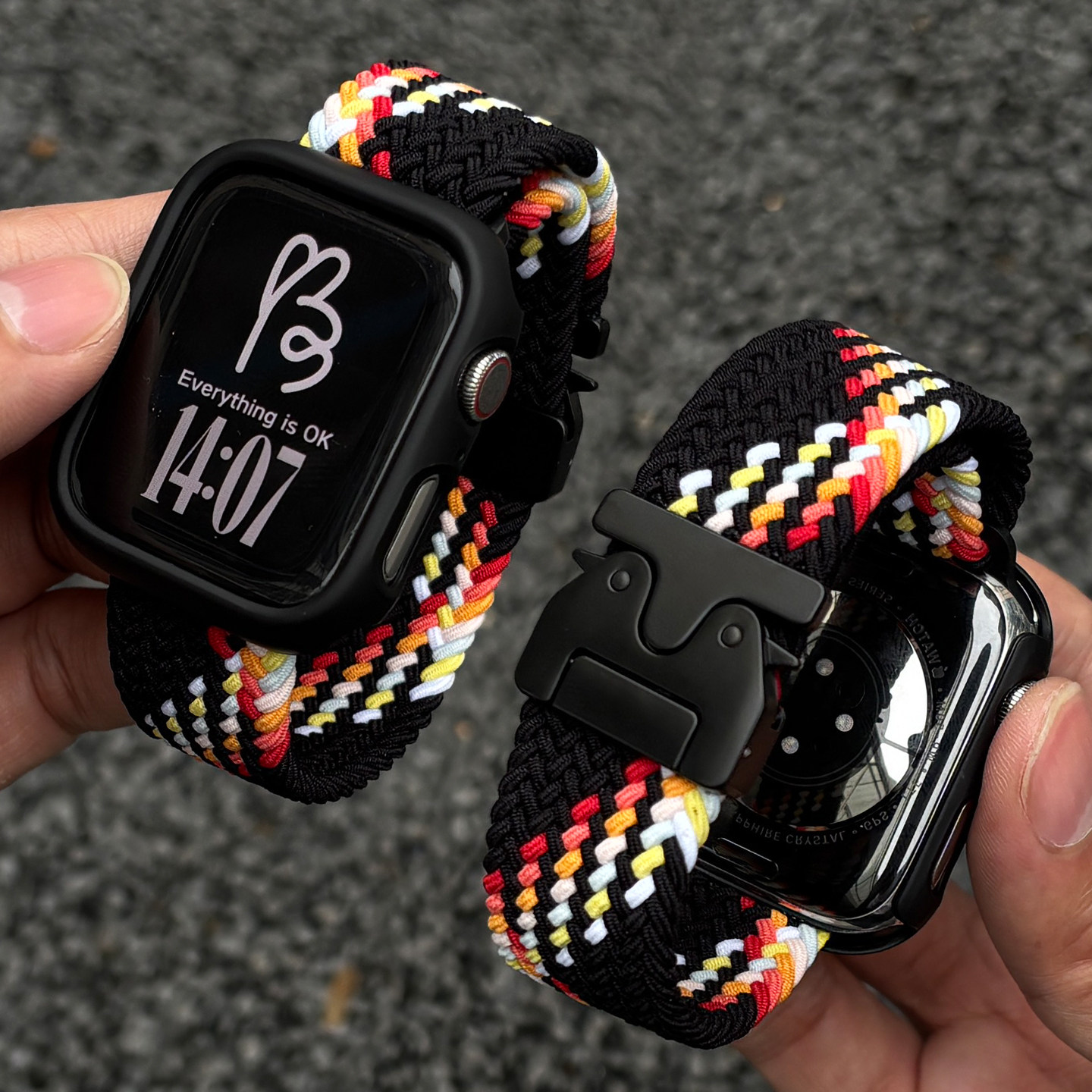 适用苹果手表applewatch11/10/9代机甲风伞扣iwatchS10弹力尼龙编织表带S11秋冬舒适腕带ultra2官方彩虹腕带图片