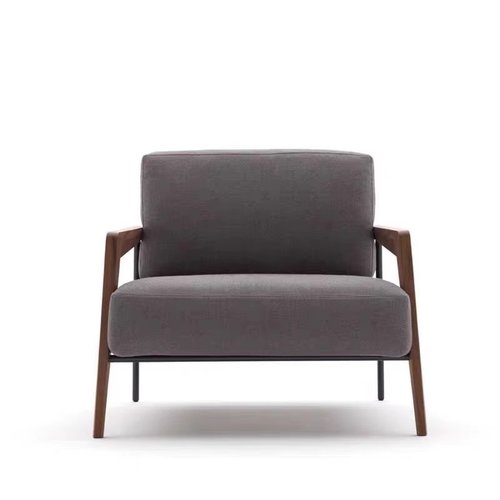 中式轻奢实木简约皮艺单人沙发椅设计师新款售楼处阳台洽谈休闲椅