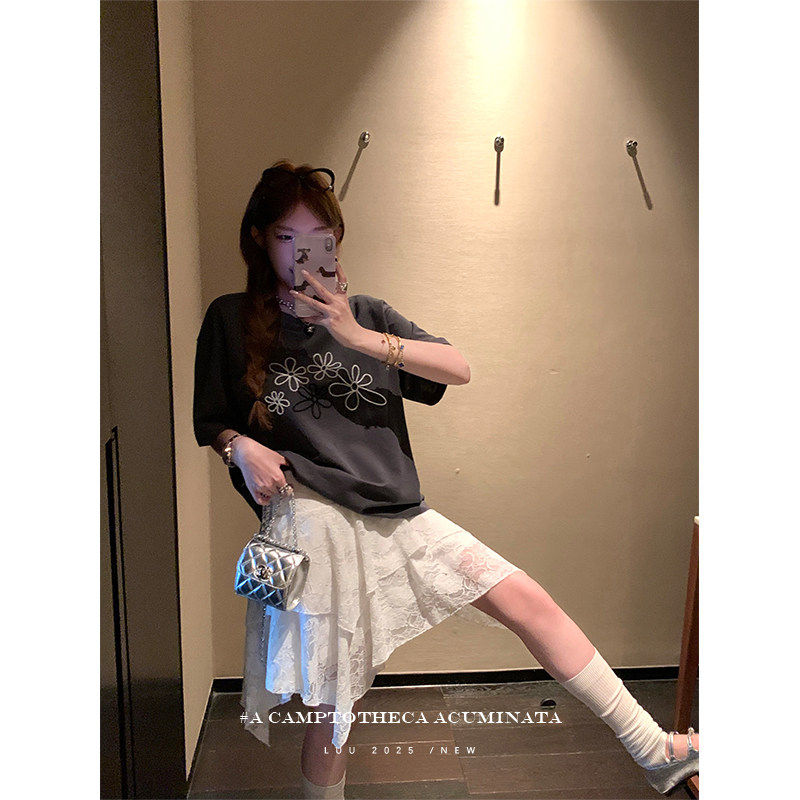 LUU桃喜儿/白色不规则蕾丝半身裙女夏设计感a字短裙小众宽松裙子