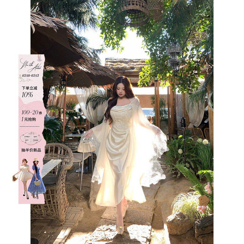 安妮不火 神女感蕾丝刺绣缎面鱼骨礼服裙微胖大码气质千金连衣裙