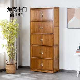 W7全竹书柜简约客厅落地置物架带门仿古储物柜厨房收纳层架微波炉
