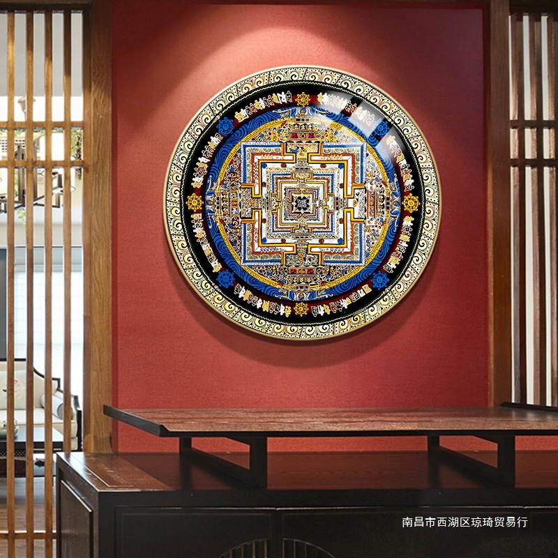 西藏曼陀罗唐卡圆形装饰画东南亚入户玄关坛城墙壁画酒店民宿挂画图片