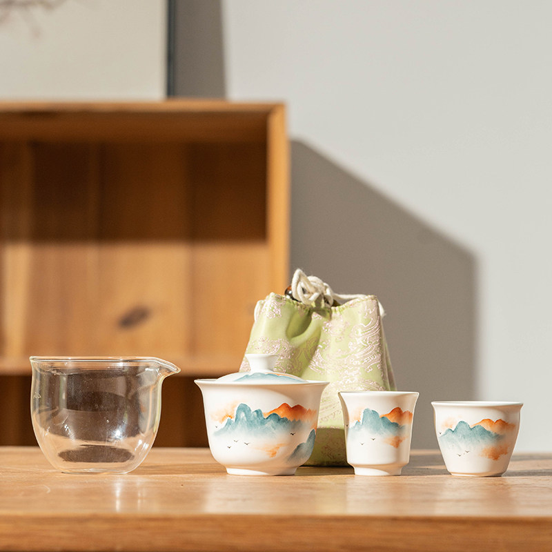 彦淳高档手绘烟染江山快客杯一壶二杯户外便携式旅行茶具