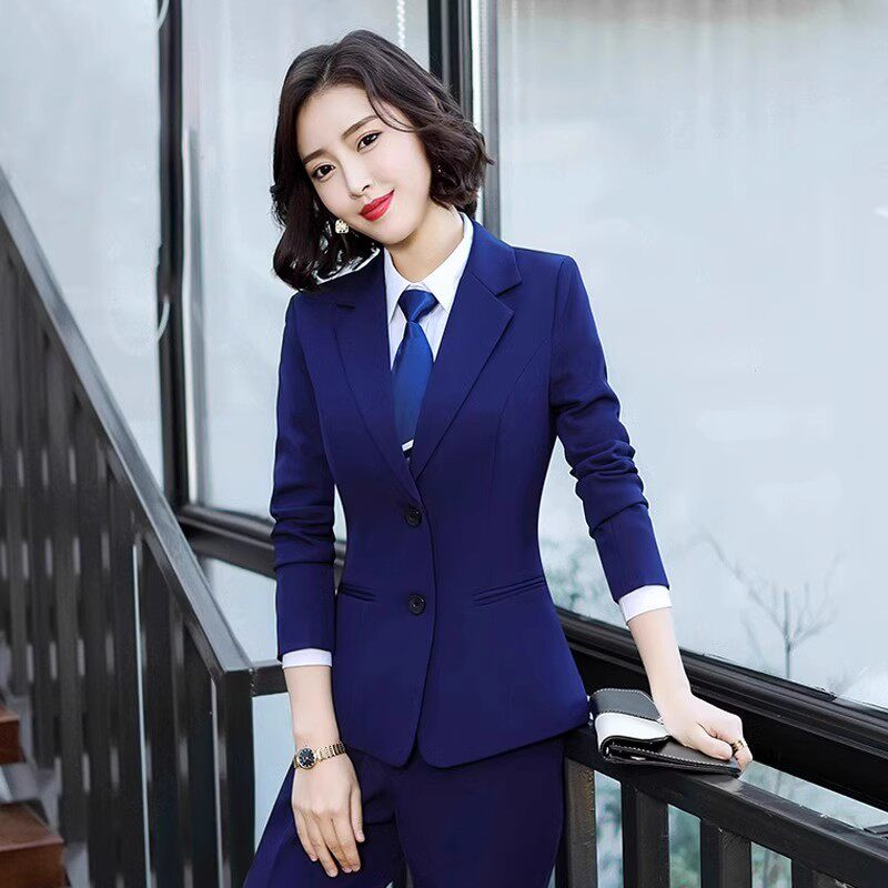 蓝色加绒西装套装女秋冬装气质正装职业装工装酒店前台工作服
