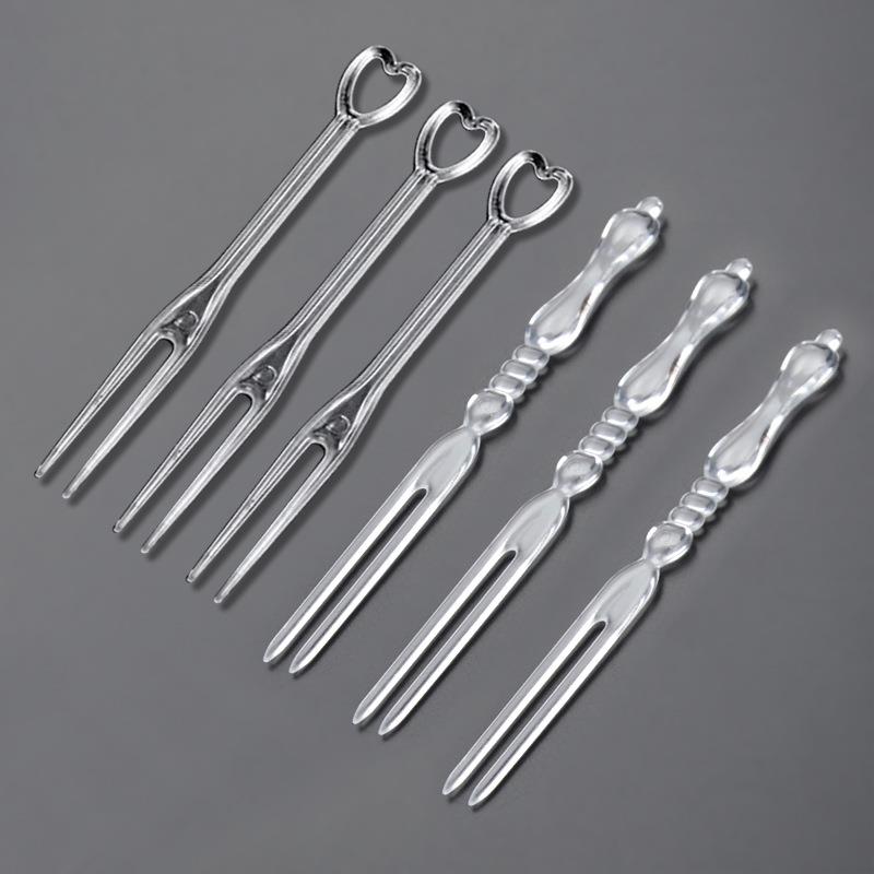 喇叭花心形竹节透明塑料叉子一次性水晶签水果刺蛋糕二齿叉4000个