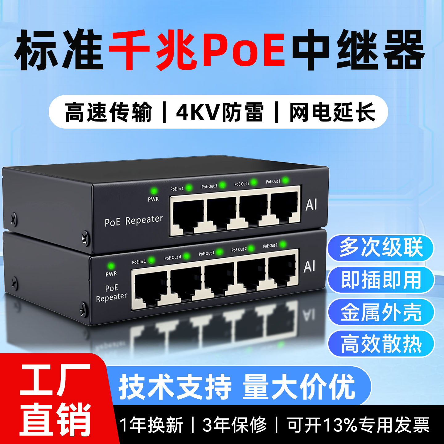 标准POE中继器百兆千兆1进2出1进3出1进4出网络延长器AP监控摄像头PoE供电扩展串联免接电源级联分线器级联宝
