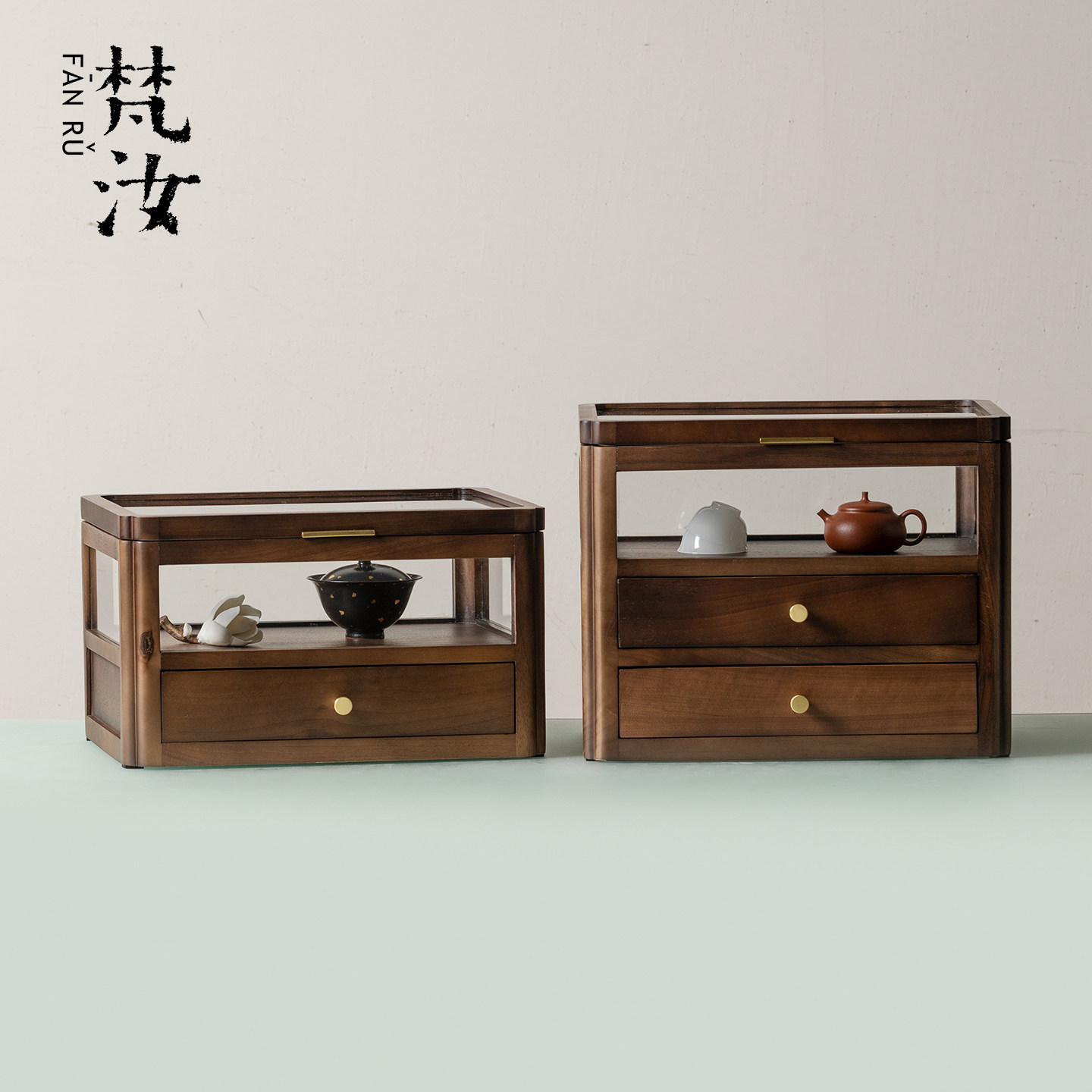 梵汝 胡桃木三层抽屉式收纳柜中式茶具置物柜居家桌面展示储物柜
