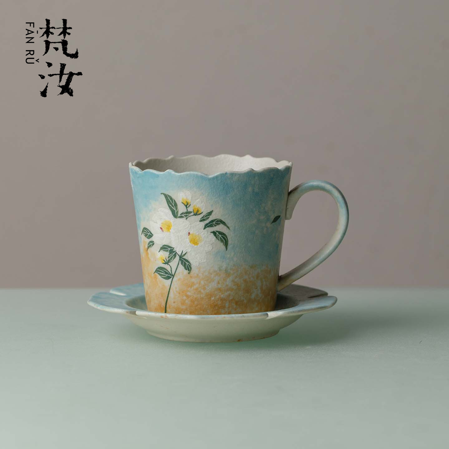 梵汝渐变手绘栀子花咖啡杯办公室水杯美式拿铁拉花女生陶瓷马克杯