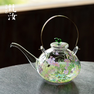 高颜值精致玻璃手绘漫花铜提梁壶大容量煮茶壶电陶炉烧水壶 梵汝