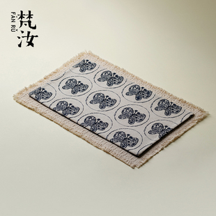梵汝原创手工苎麻双面茶席高级感复古流苏干泡席布艺桌垫隔热桌布