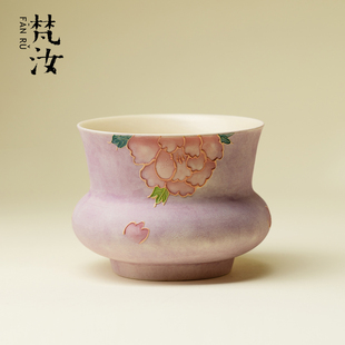茶艺茶渣缸 梵汝手绘立体堆雕牡丹花干泡建水紫烟粉彩手工水盂中式