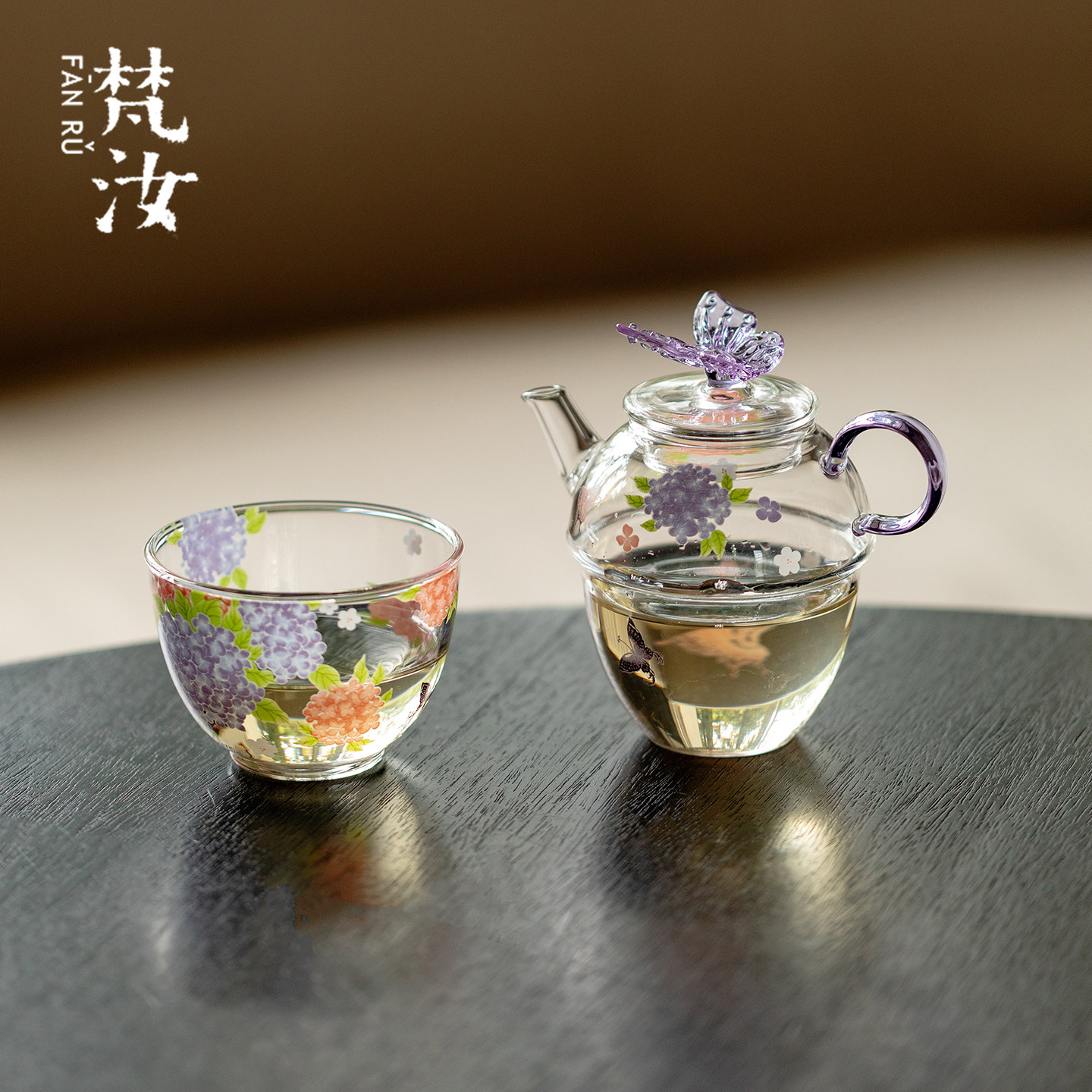 梵汝 锦簇绣球玻璃一人饮茶具小套装一壶一杯快客杯便携旅行茶具图片