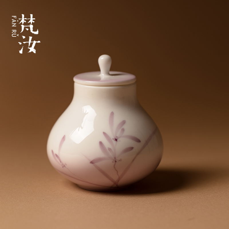 梵汝渐变紫纯手绘兰花迷你茶叶罐