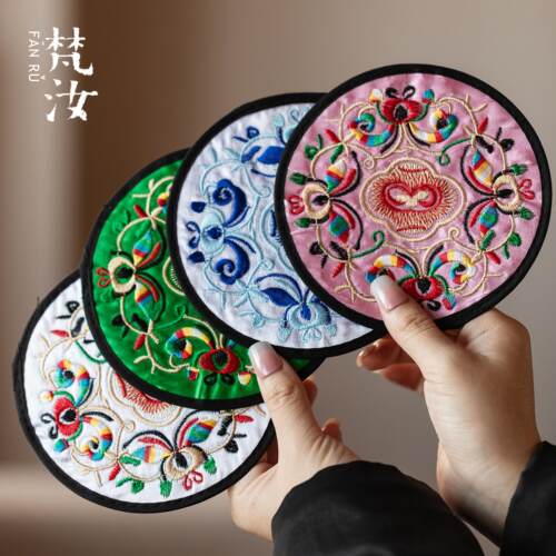 梵汝现代民族风刺绣杯垫布艺壶垫
