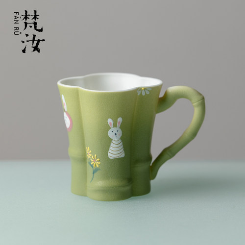梵汝手绘陶瓷青芽小兔茶杯主人杯