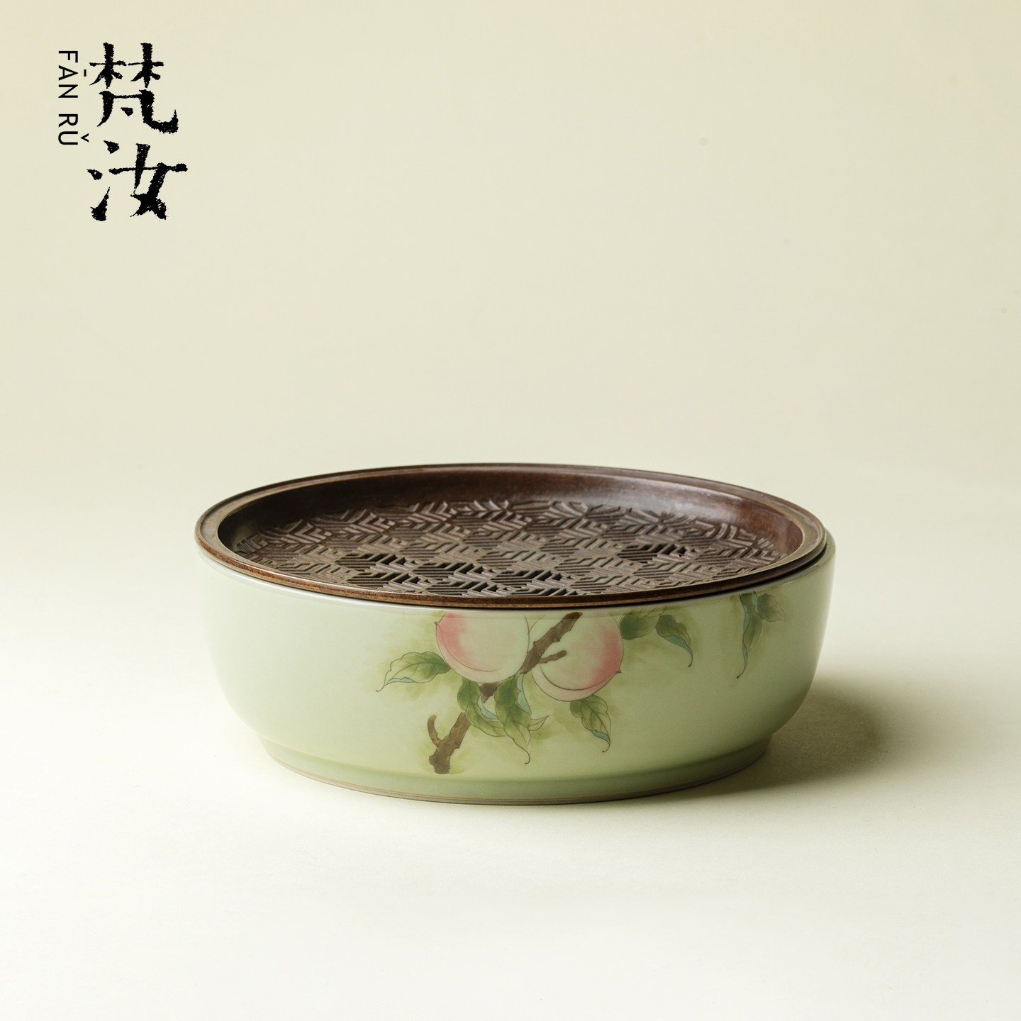 梵汝手绘寿桃蓄水壶承景德镇釉下粉彩手工带盖壶承功夫茶具小茶台