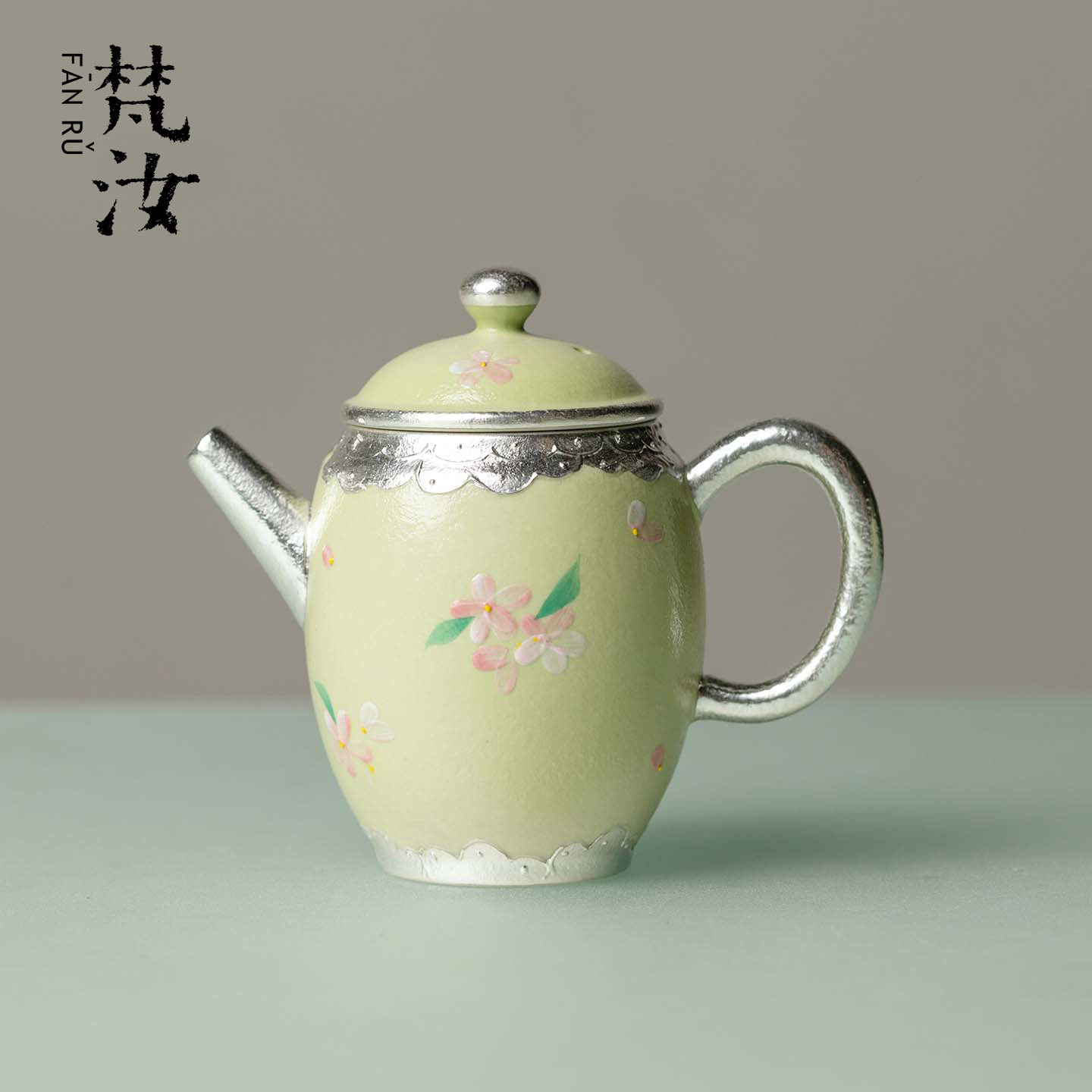 梵汝非遗手工鎏银官帽壶粉彩手绘花间春桃茶壶陶瓷泡茶器女士单壶